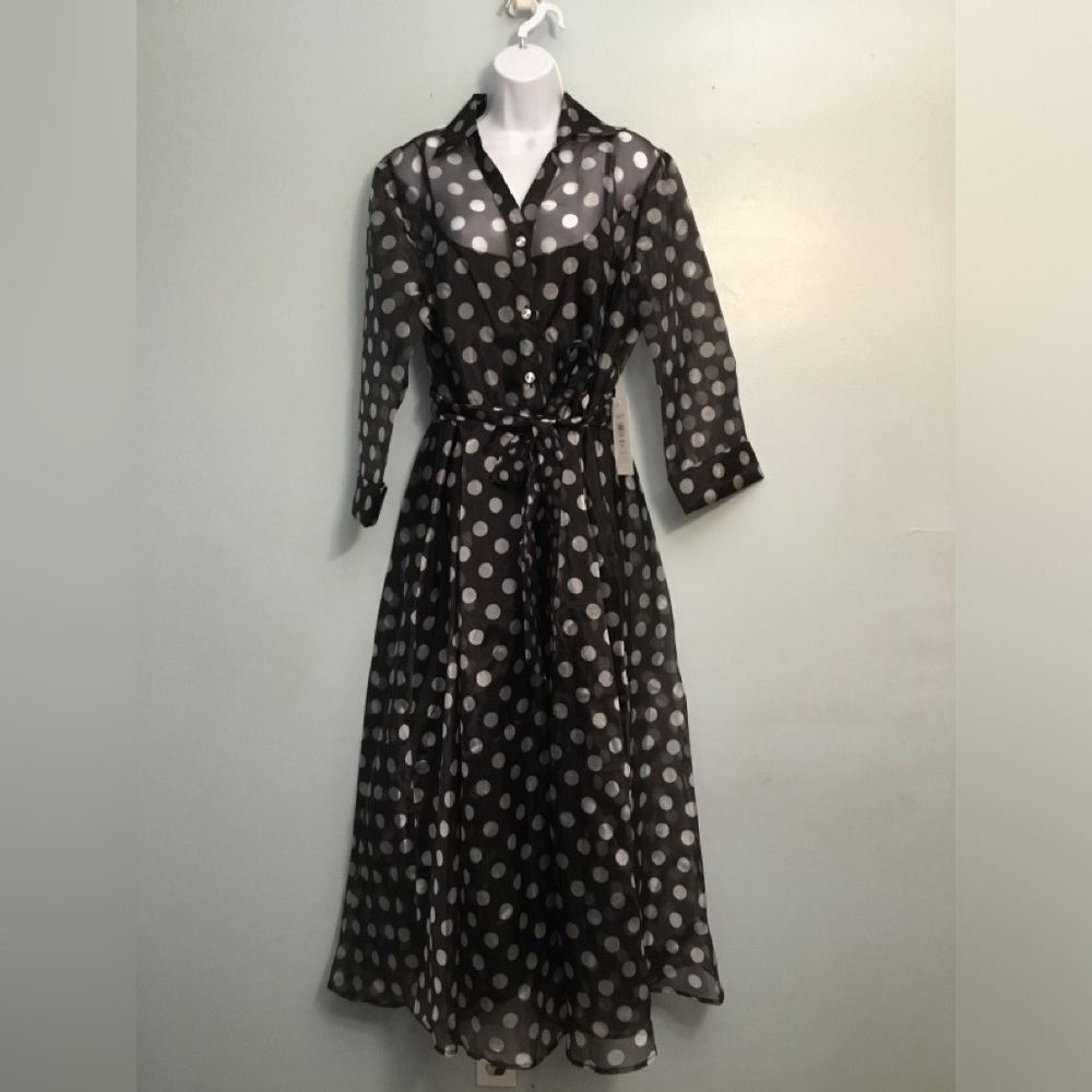 Oleg Cassini Black Dress with White Polka Dots - Sheer Long Sleeve Midi
